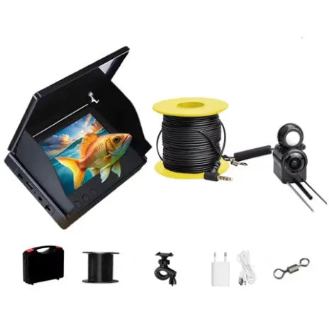 Underwater fishing camera with 4.3-inch screen, camera unit, and coiled cable on a fishing boat deck