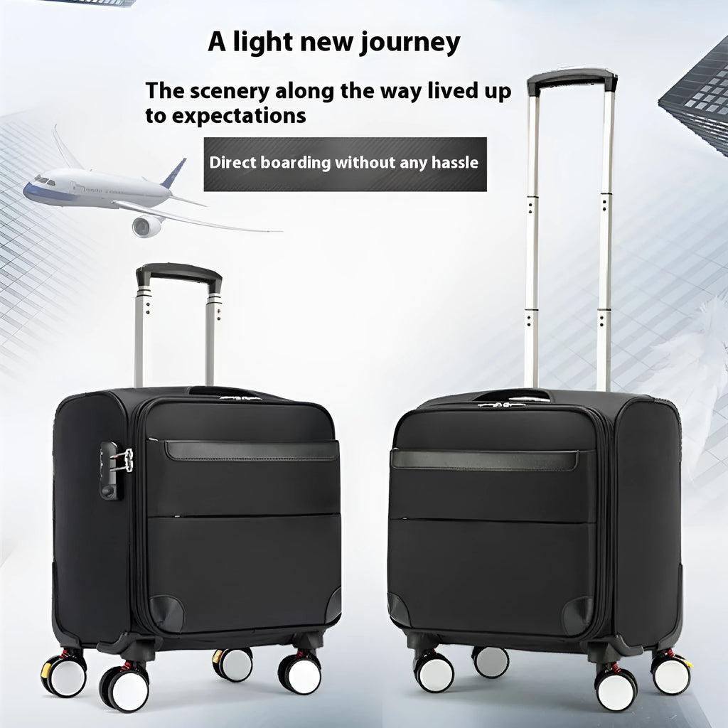 Black 18-inch oxford cloth business luggage suitcase with a retractable handle and wheels.