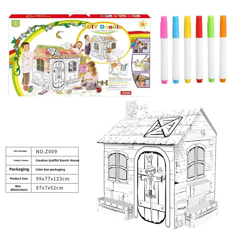 Handmade DIY three-dimensional carton paper model colour filling toy kit with graffiti castle design