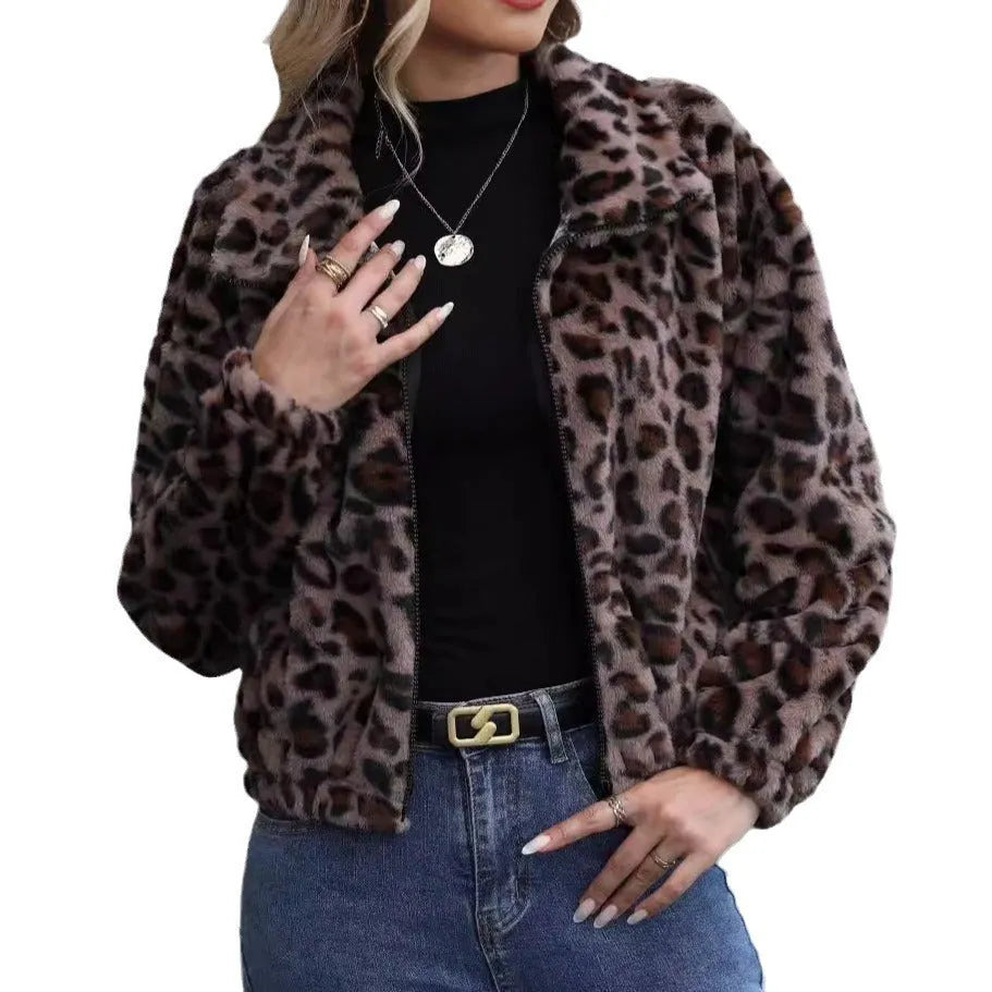 Women's loose leopard print plush coat with front zipper and raglan sleeves.