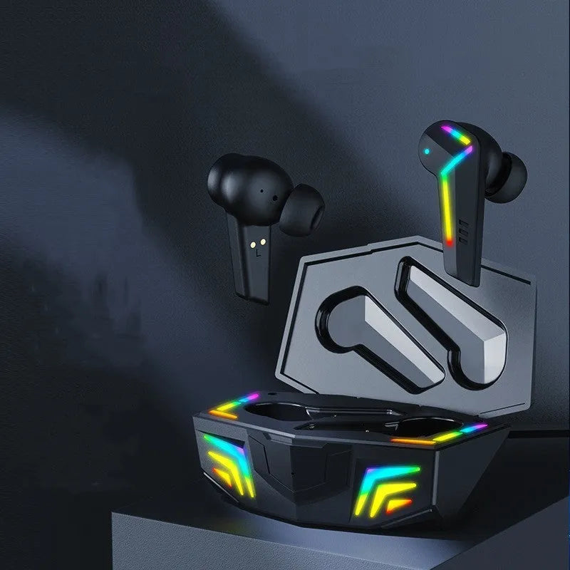 Black TWS Bluetooth sports headset with earplug design on a neutral background.