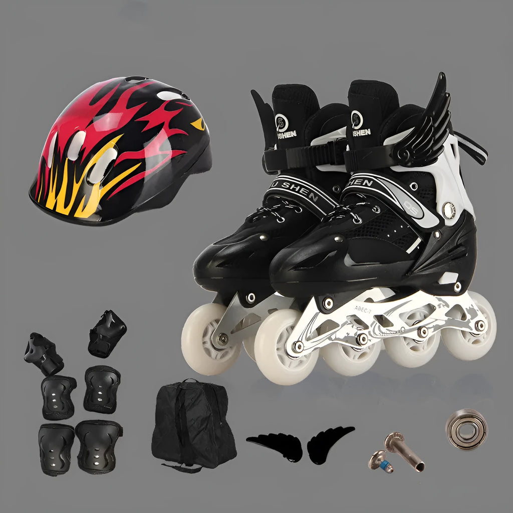 Children's adjustable roller skates with aluminium frame, PU foam wheels, and full protective gear set in chosen colour