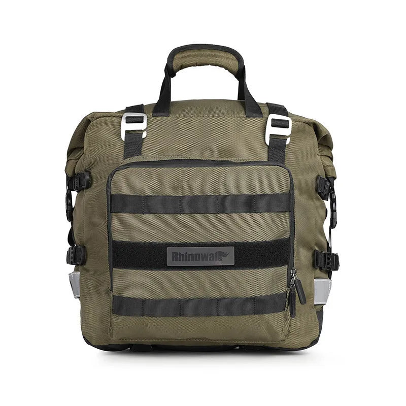 20L quick release motorcycle side bag in polyester, shown in army green and black colour options