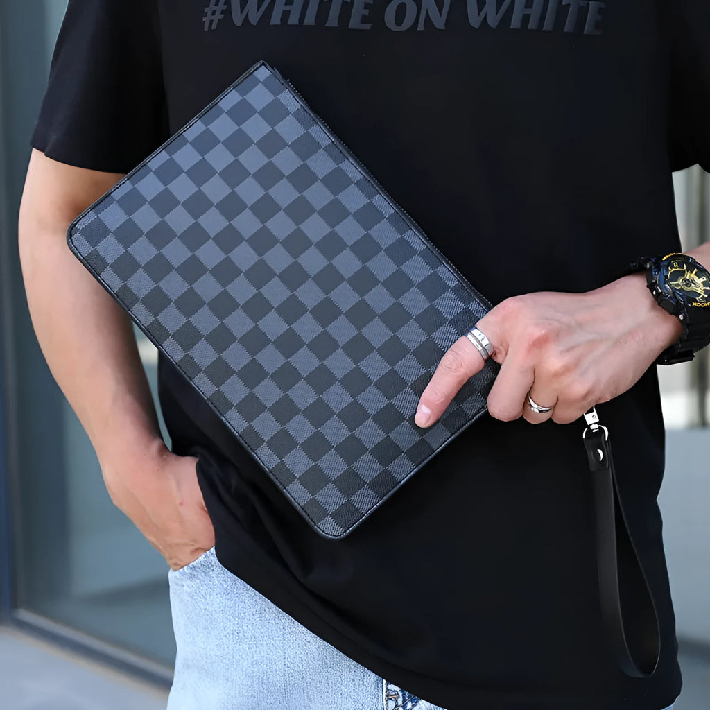 Men's black checkered PU leather clutch showing card slots and zipper pocket