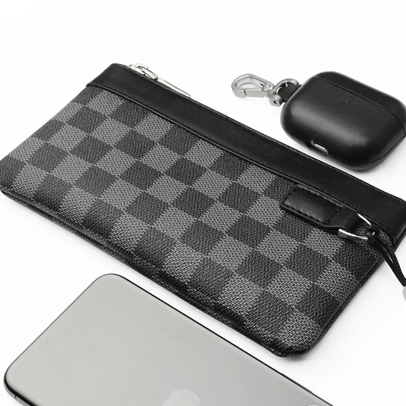 Black genuine cowhide leather men's clutch wallet measuring 20 by 10 centimetres