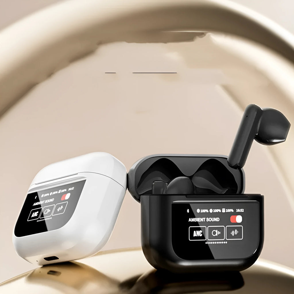 YX28 Bluetooth earphones with full-colour LCD touch screen display and ear hook design in black and white colour options