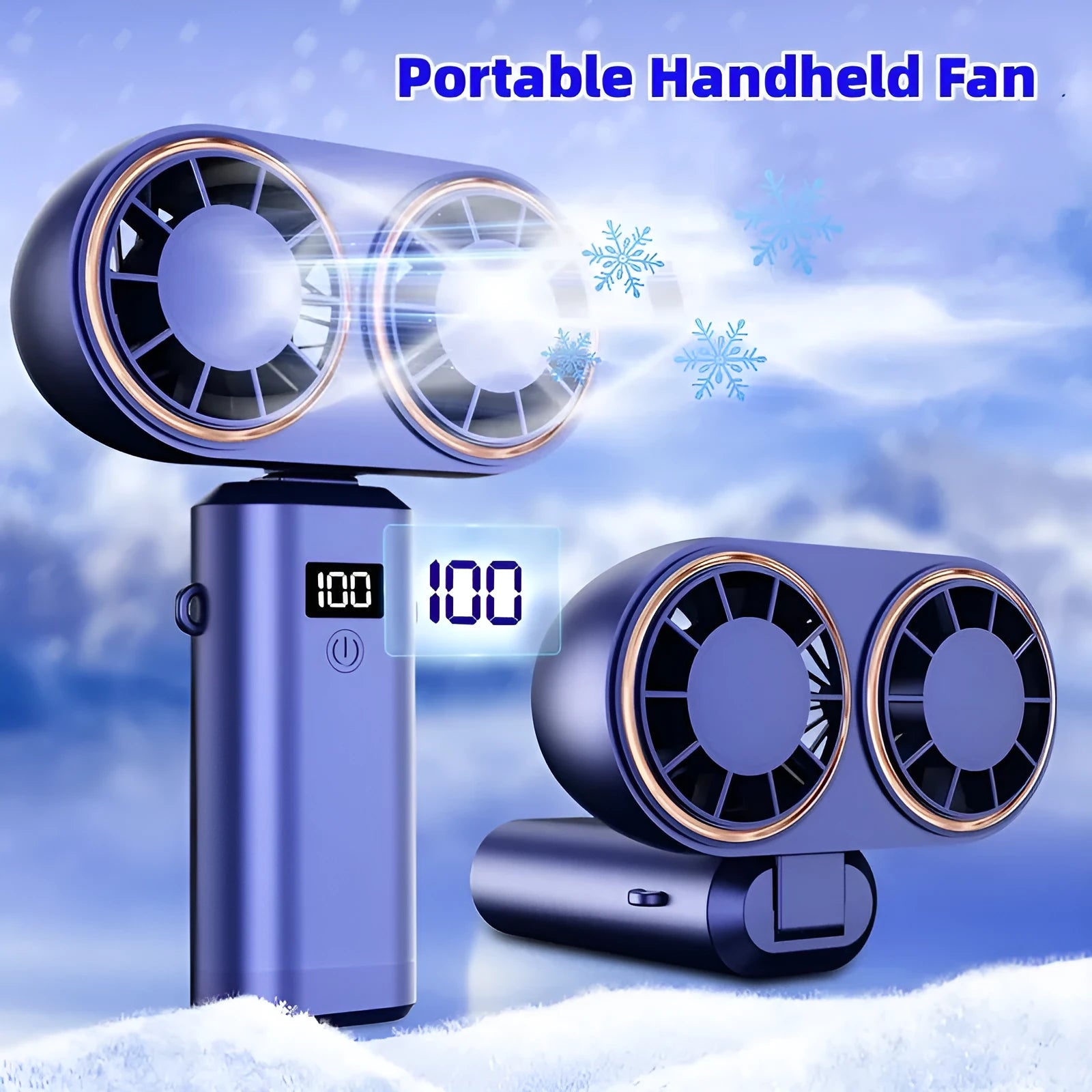 Dark blue handheld mini fan with a digital display screen and a folded neck loop.