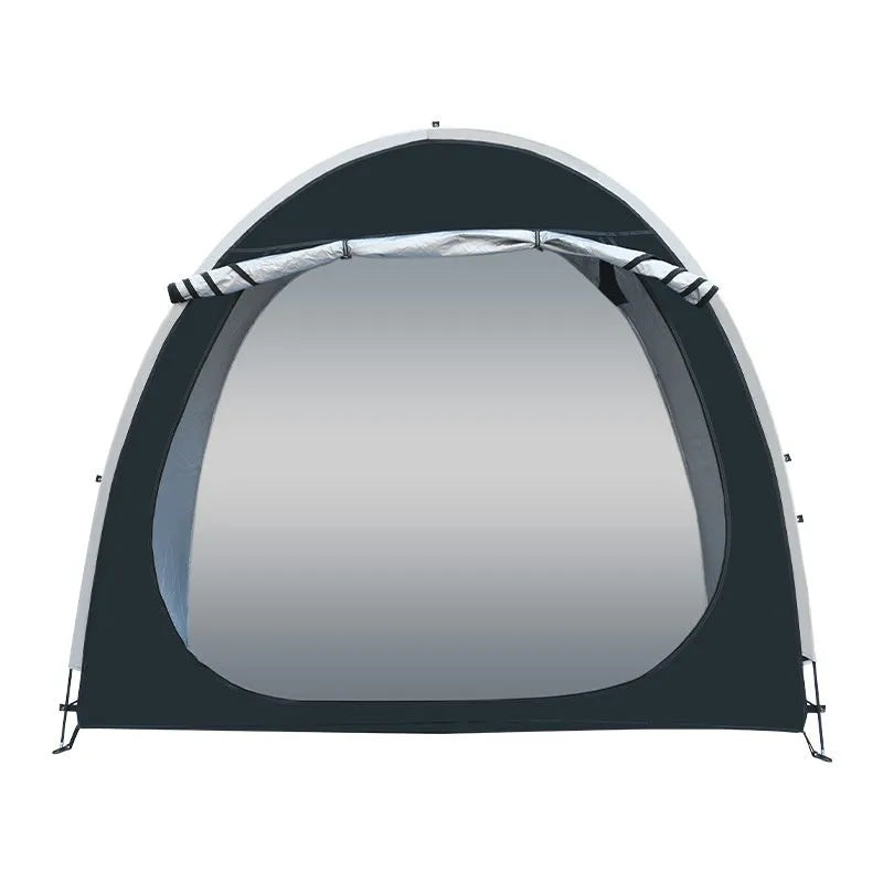Black outdoor bicycle storage tent showing roof design and dimensions for two bikes