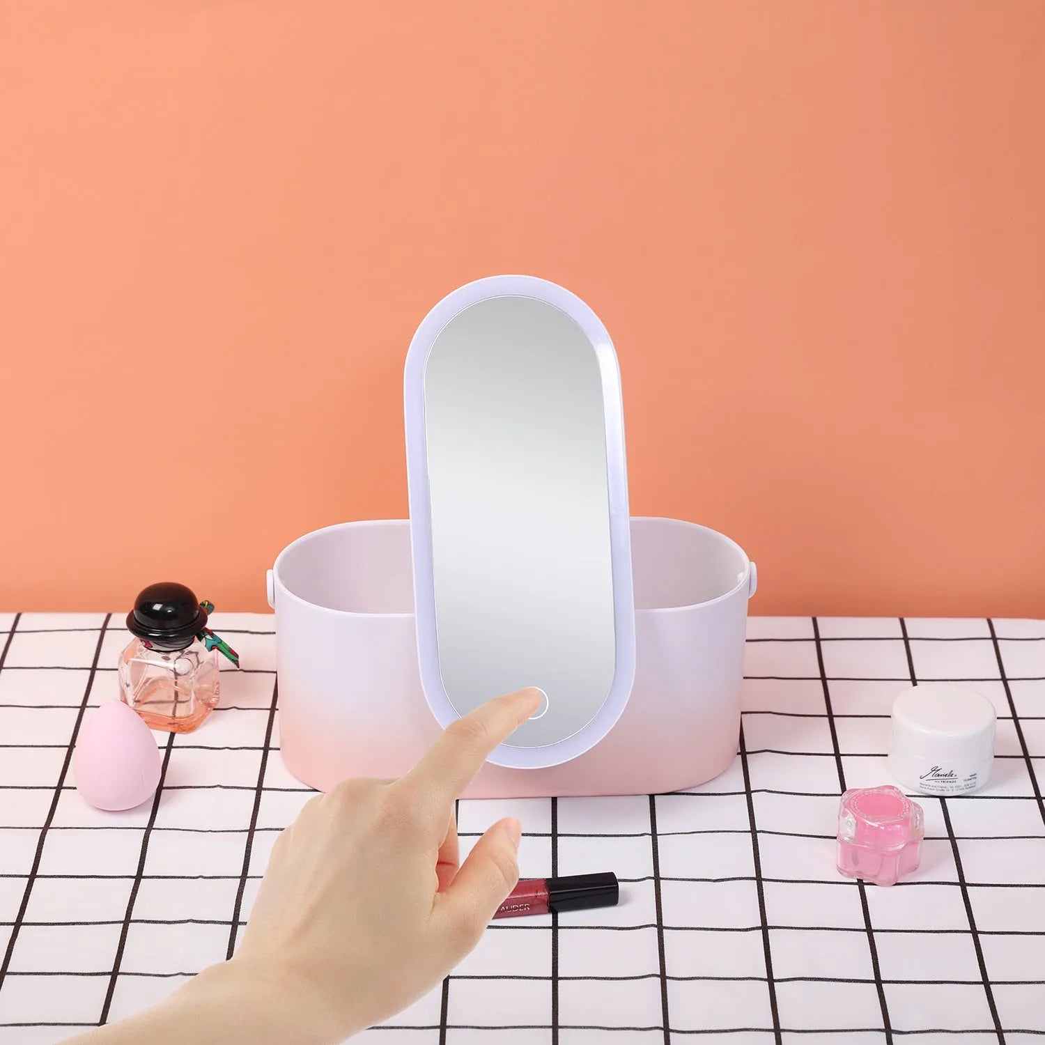 Pink gradient portable makeup storage box with built-in LED mirror and USB charging port