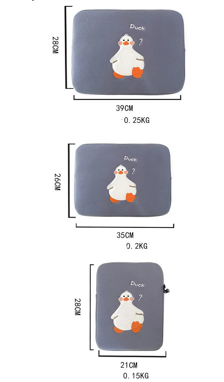 Blue cotton iPad case with embroidered cartoon duck design and a zipper.