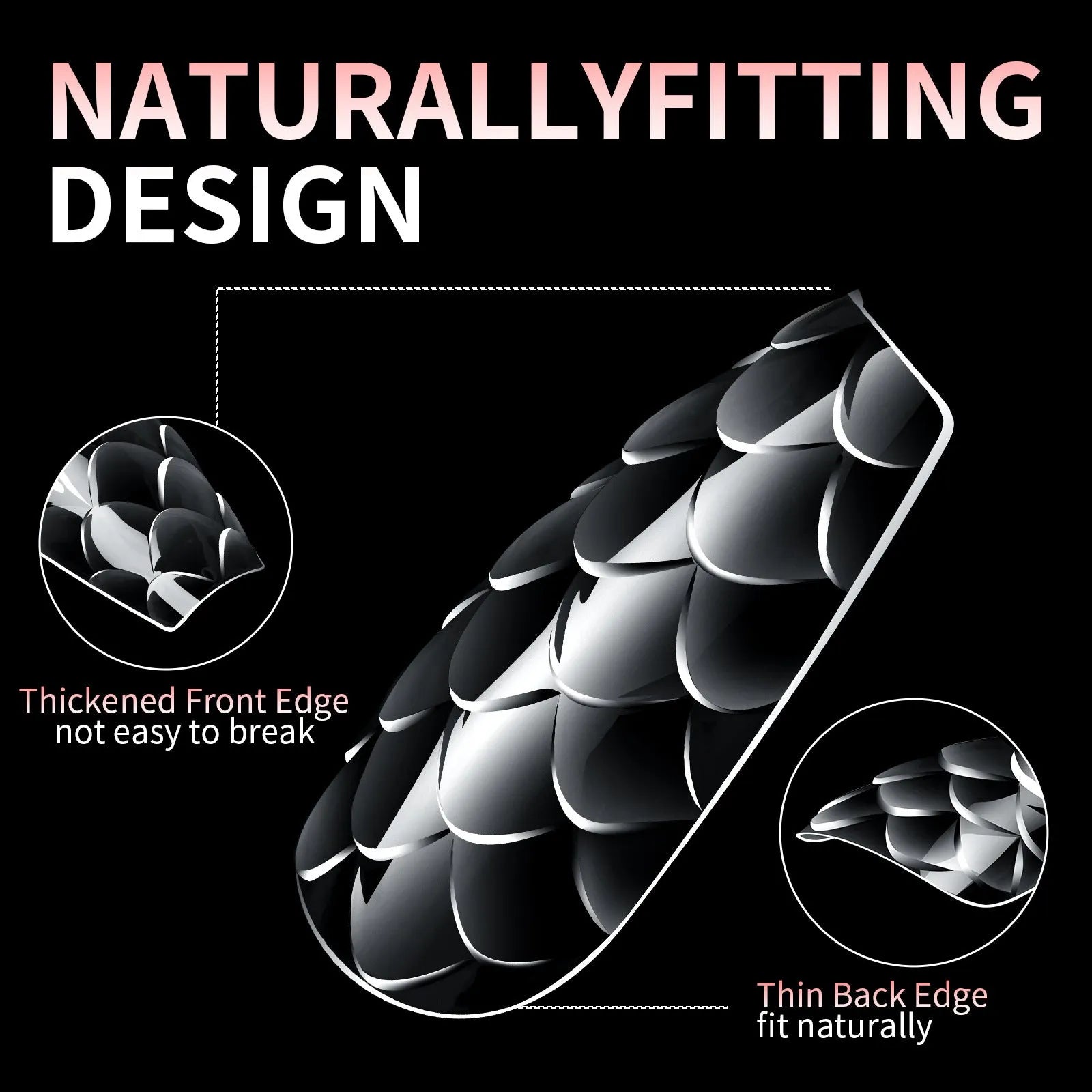 3D scale textured long shaping artificial nail tips in a Frigate box, showing colour mix options 01 to 07.