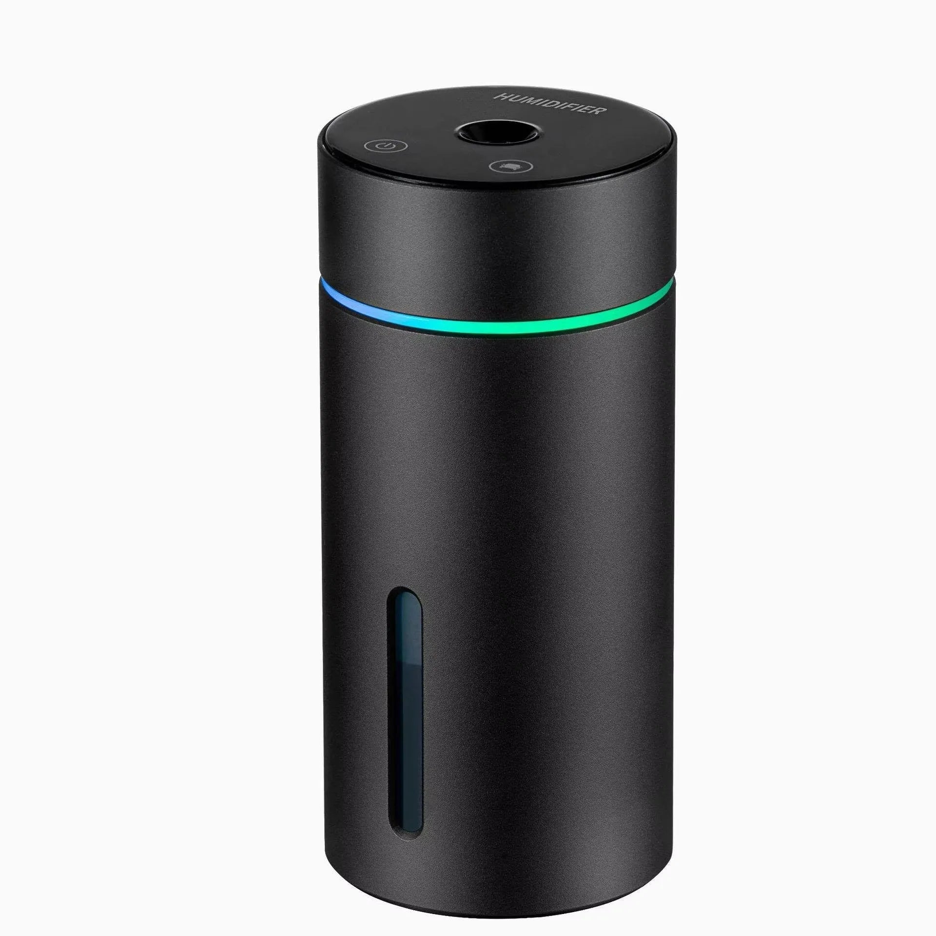 Compact aluminium car humidifier diffuser with colourful light and USB cable on a desk.