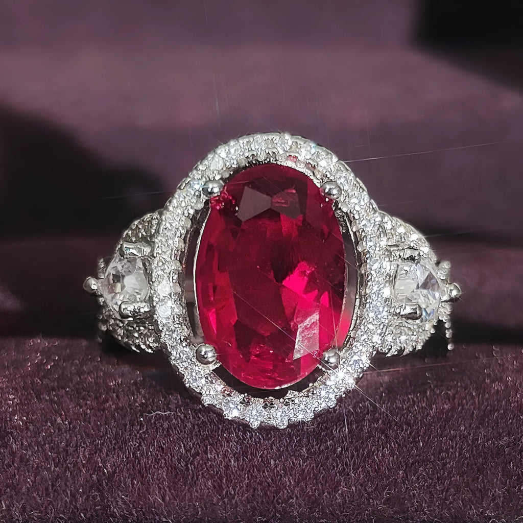 Inlaid ruby zircon ring for women, copper geometric design, red colour, size No 7