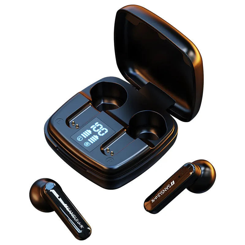 Wireless Bluetooth earphones in black or white with semi-in-ear bilateral stereo design and battery display