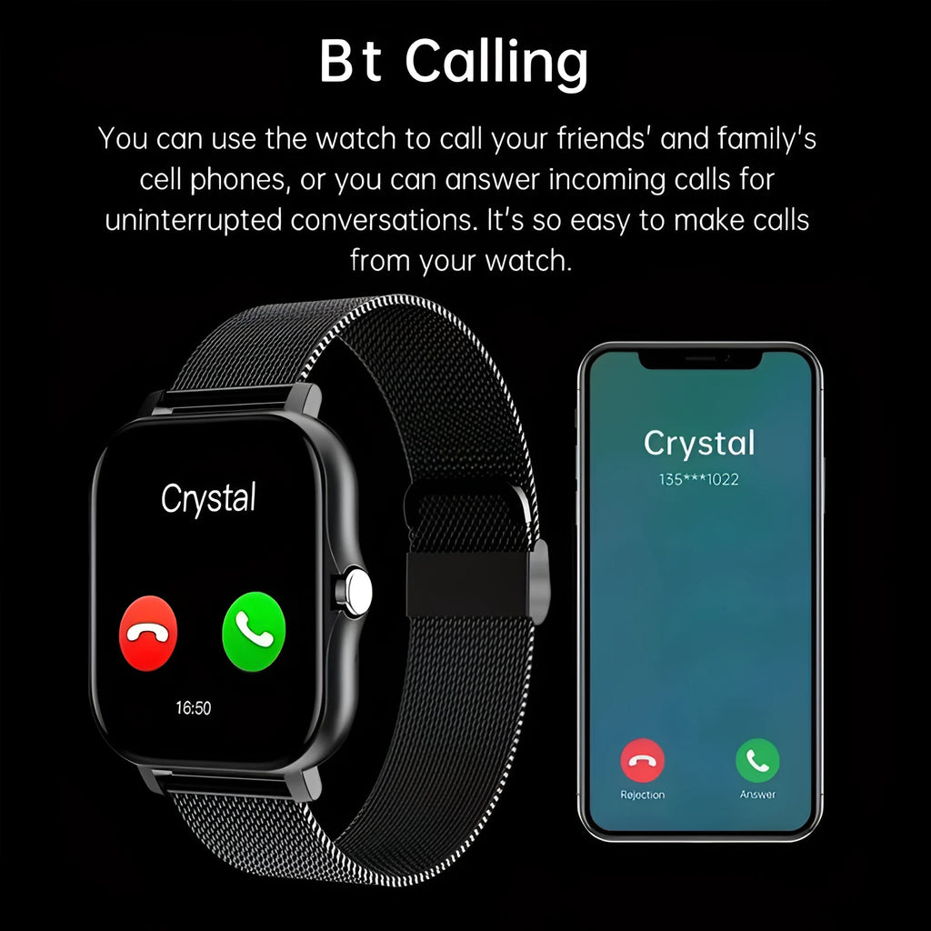 Smart watch with 1.44-inch colour touchscreen and silicone strap, shown in various colour options.