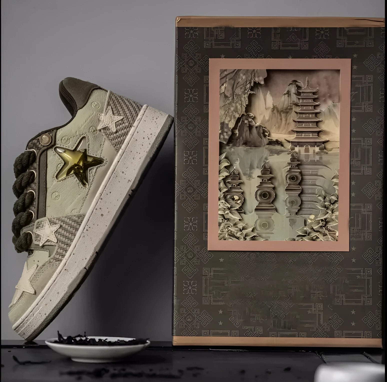 Green star-pattern low-top casual shoes with laces and a thick rubber sole.
