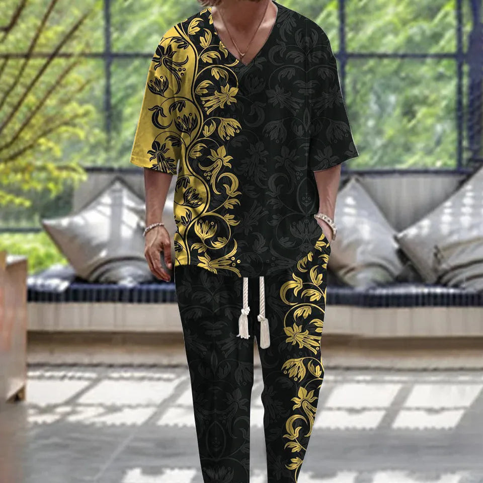 Men's lightweight polyester trousers suit with a V-neck cropped sleeve jacket
