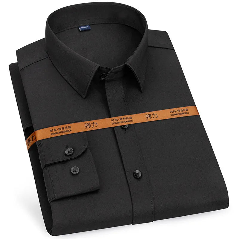 Men's long-sleeved stretch business cardigan shirt in solid colour, slim fit, polyester fabric, autumn work wear