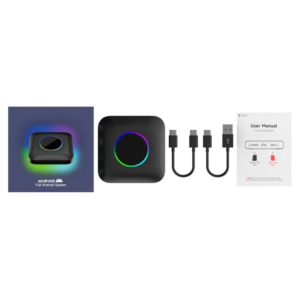 Compact universal CarPlay to Android 13 adapter box with 8GB RAM and 128GB storage