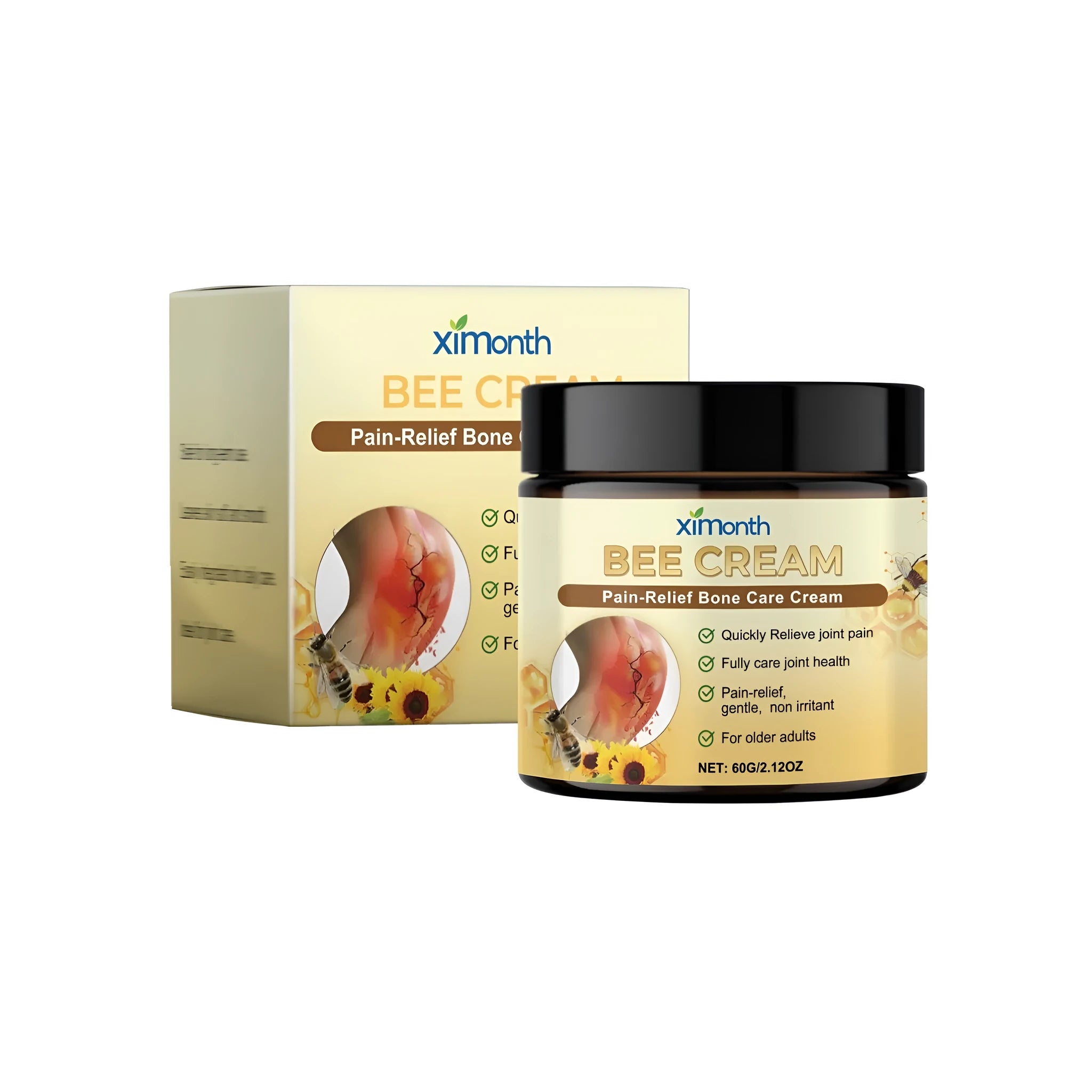 60g jar of pain-relief cream with bee venom, arnica and glucosamine for bones and joints.