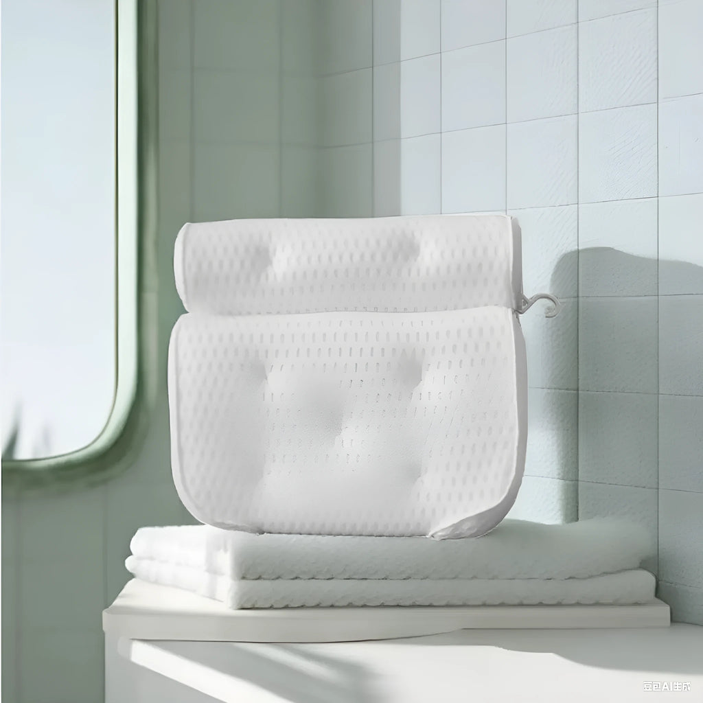White 4D mesh bathtub pillow with 7 suction cups on a bathtub edge.