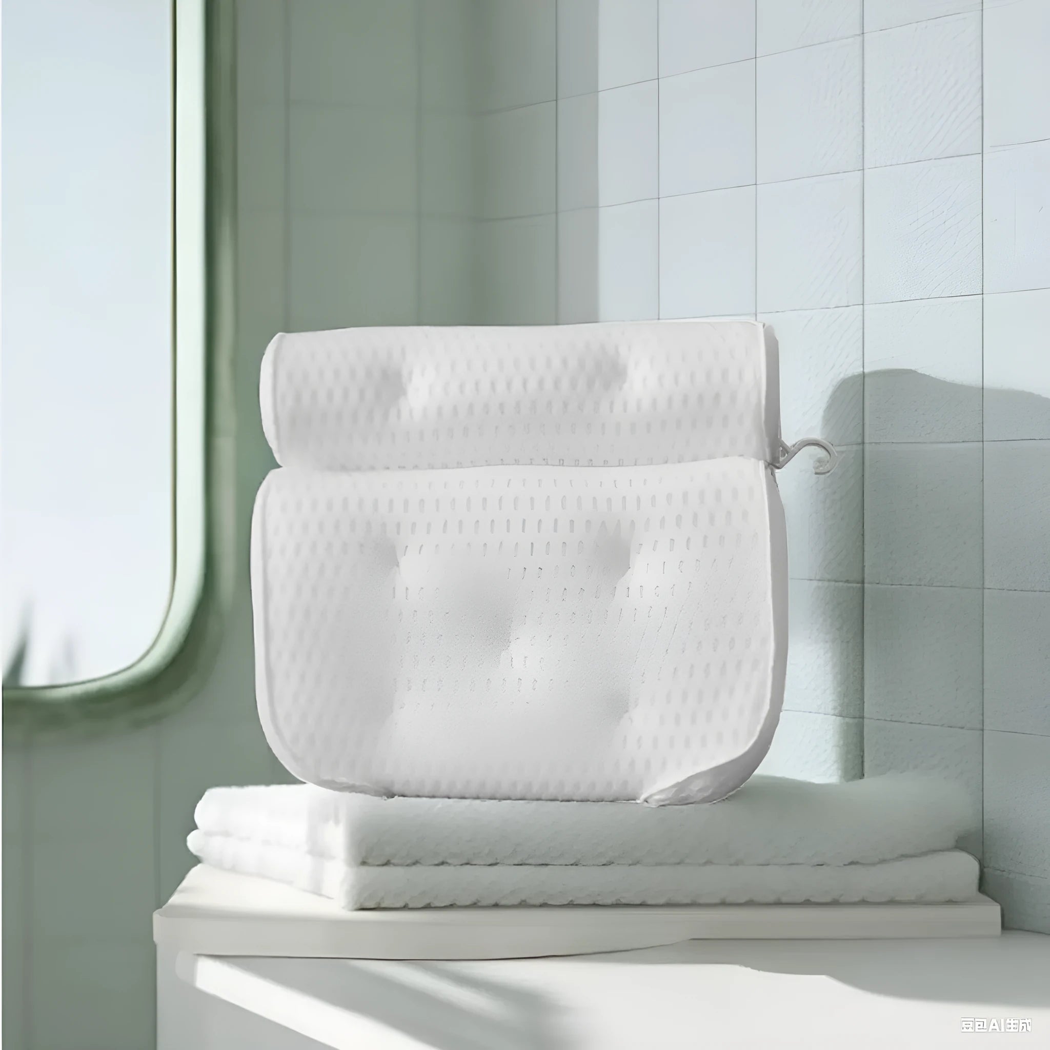 White 4D mesh bathtub pillow with 7 suction cups on a bathtub edge.