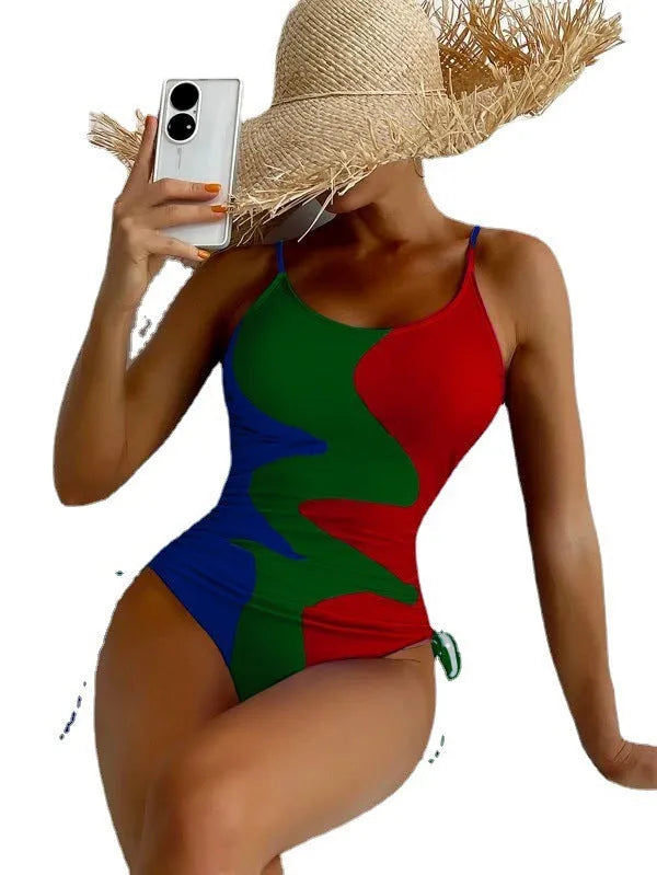 Blue women's sleeveless one-piece swimsuit with fixed swimming trunks on a mannequin