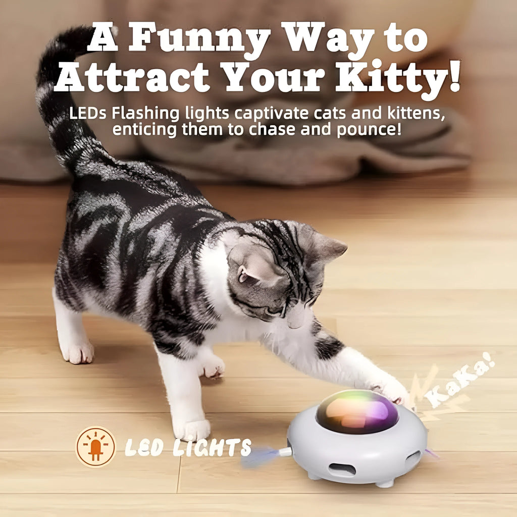 White automatic interactive cat toy with colourful feathers and LED lights on a home floor.