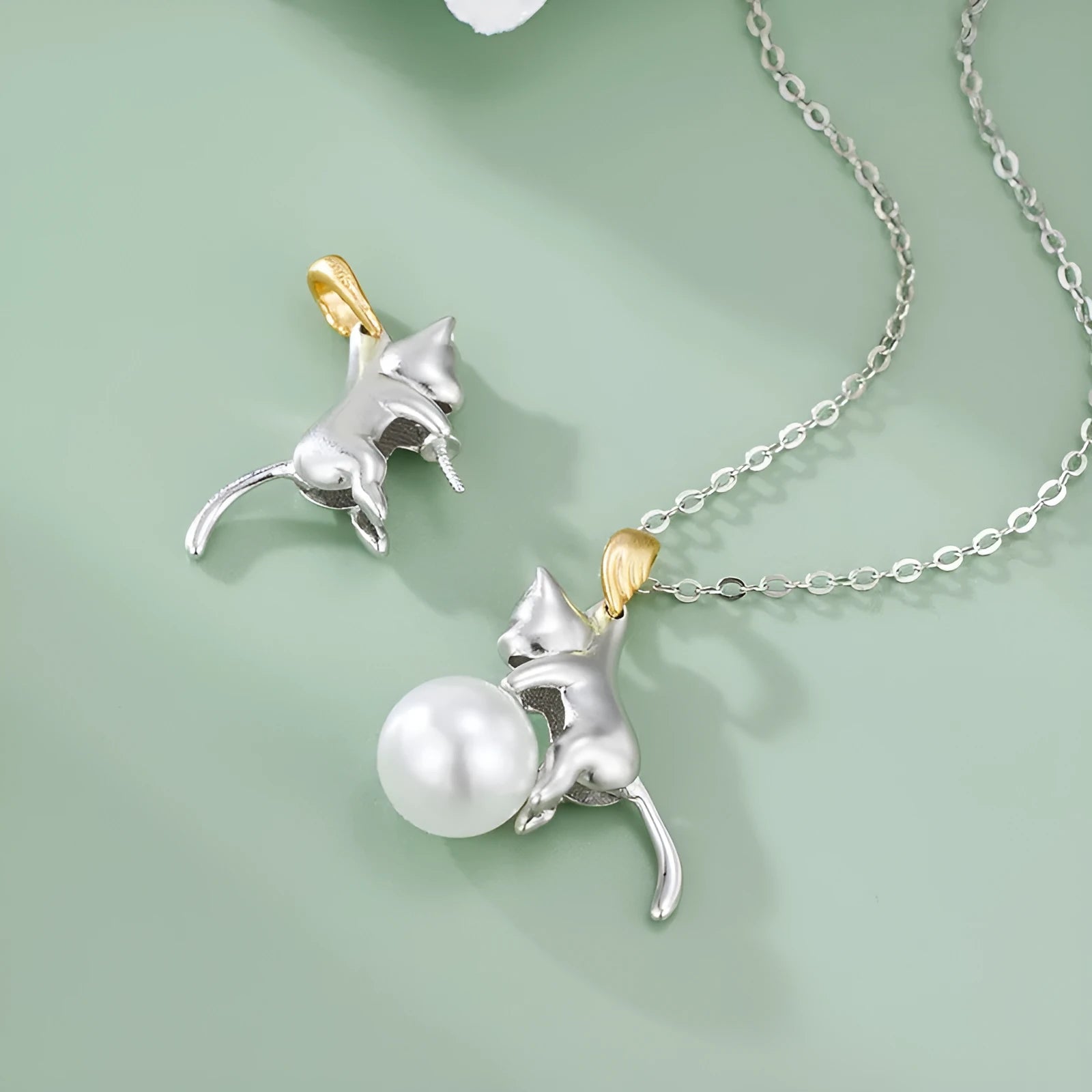 925 sterling silver clavicle necklace with electroplated cat charm in four configuration variations