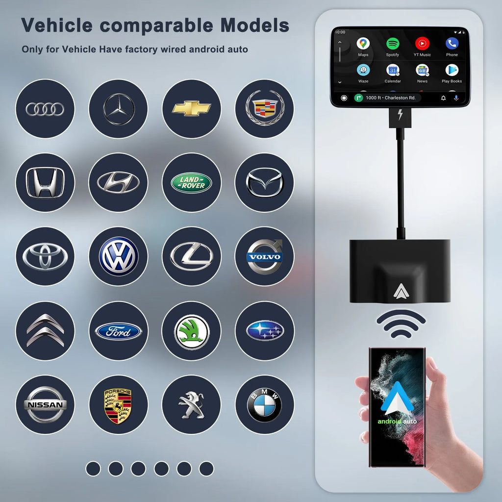 Car wired to wireless Android adapter in black and white colour variants for connecting phones to factory CARPLAY systems.