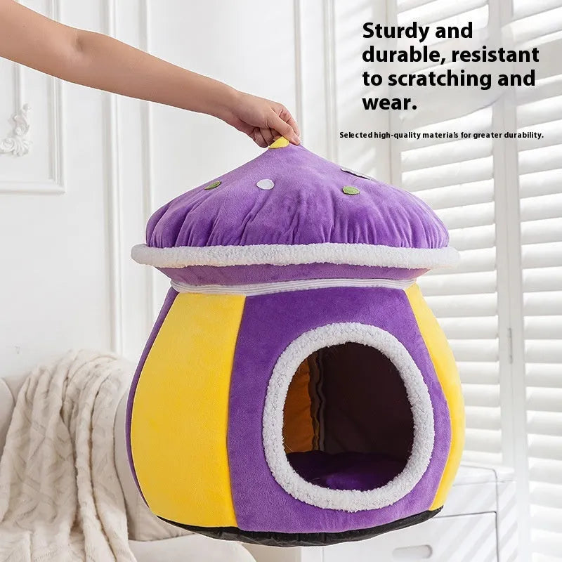 Grey mushroom-shaped plush cat bed with a detachable blanket and rabbit plush lining