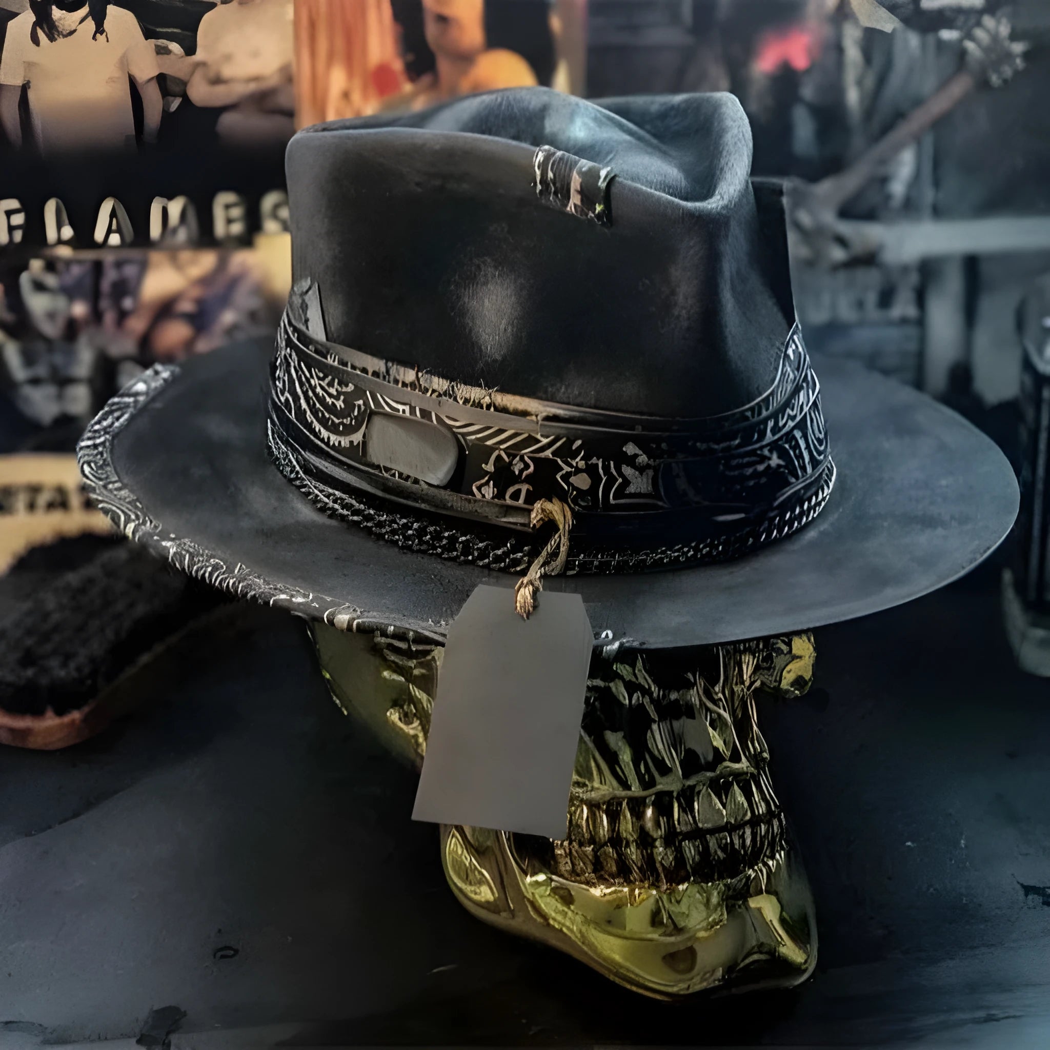 Handmade black and white skull print pointed witch hat on a wooden surface