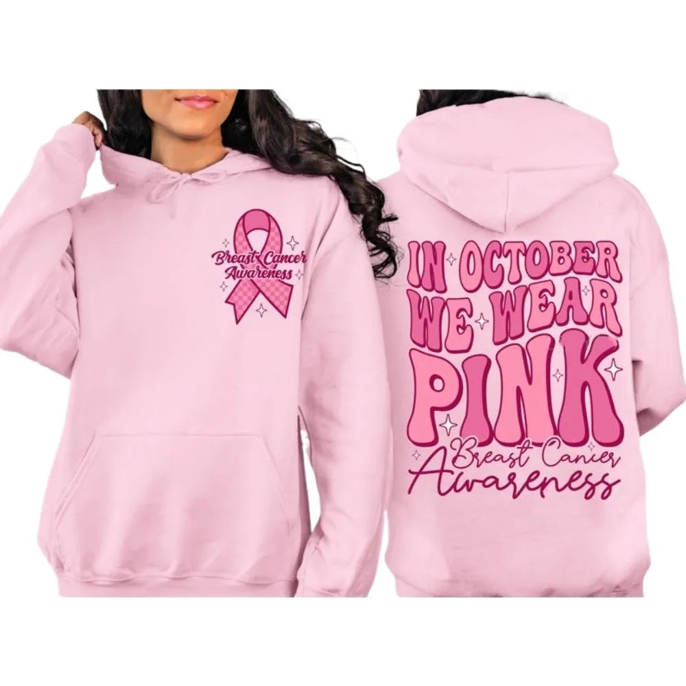 Breast Cancer Awareness retro print hoodie with side pockets in pink, white, khaki, or black.