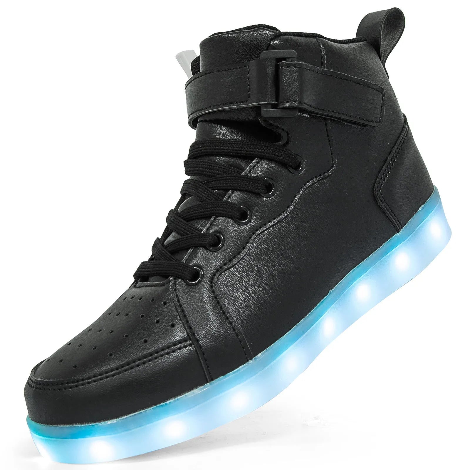Unisex black LED high-top shoes with glowing light-up soles and Velcro strap.