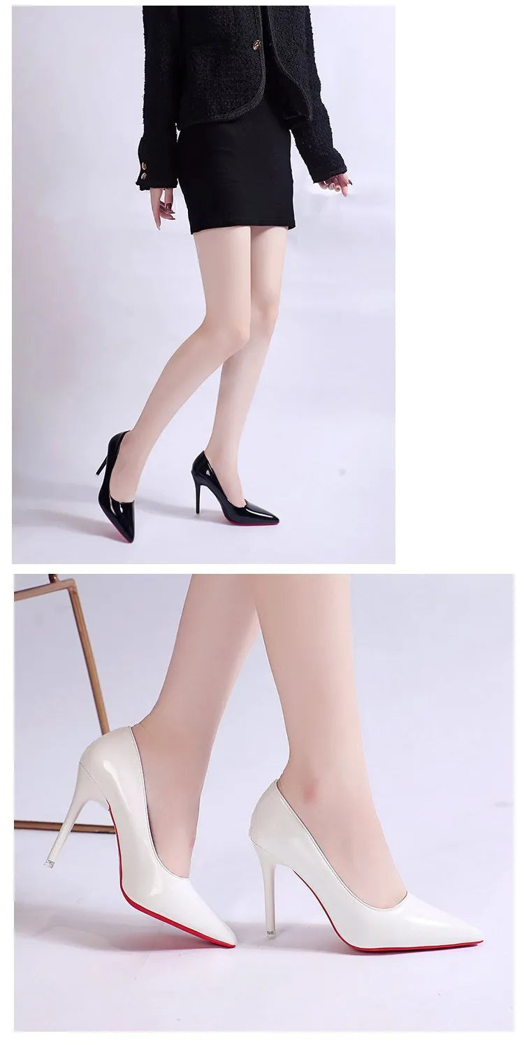 Women's solid colour pointed-toe pumps with a stiletto heel and shallow-mouth design.