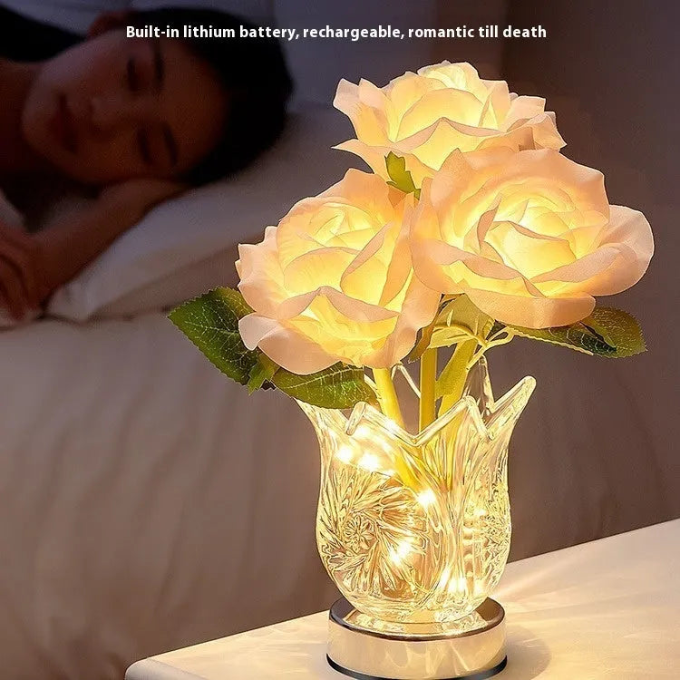 Crystal flowers decorative table lamp with touch controls and rechargeable battery for cordless placement