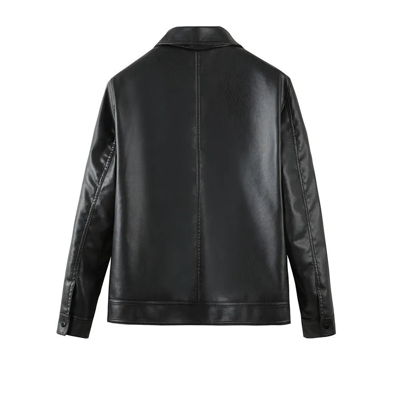 Men's black PU leather casual jacket with zipper pockets and a loose fit.