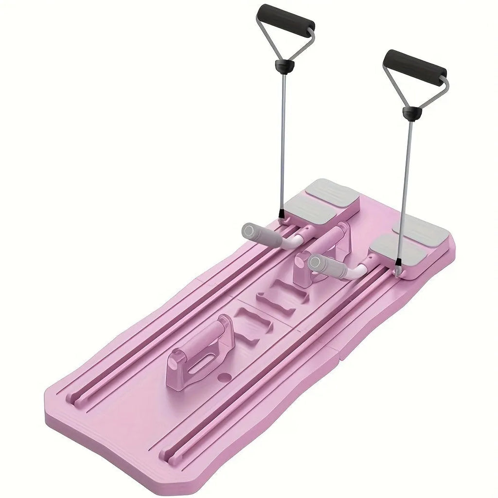 A blue multifunctional supine fitness board for abdominal exercises on a home floor.