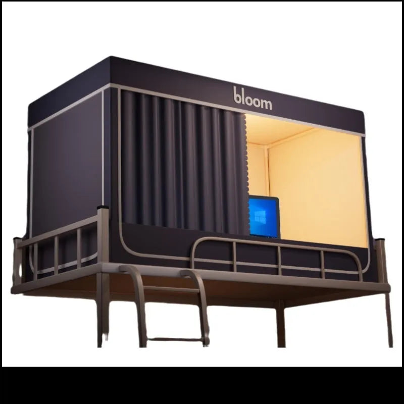 Grey bed curtains with integrated mosquito net for 0.9 metre bed with wall-fixing bracket