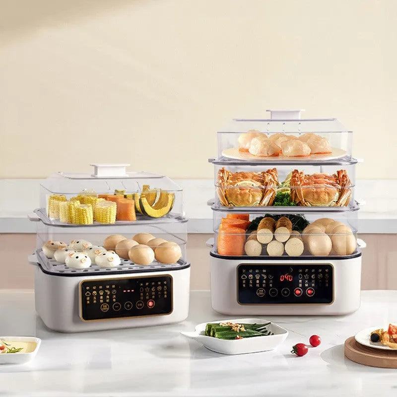 28 litre stainless steel electric food steamer with automatic measuring on a kitchen worktop.