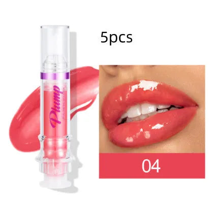 Lip gloss tube with mirror finish showing shiny application on lips