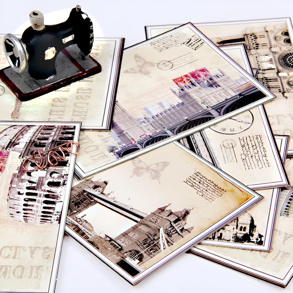Nine minimalist cartoon postcards with retro Paris tower illustrations in Japanese style