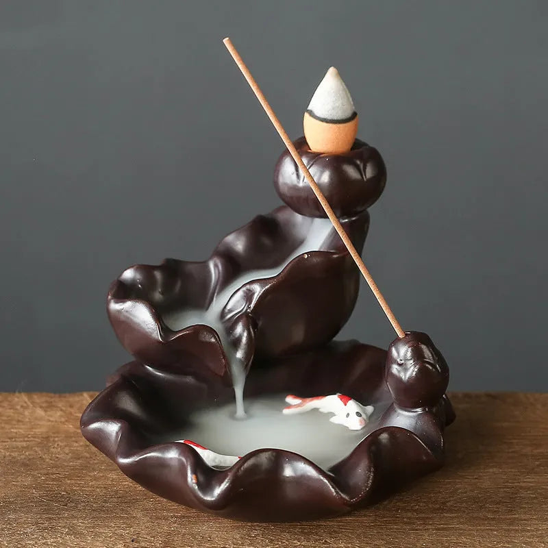 Ceramic backflow incense burner with tree ornament in green, mangrove, pink or white