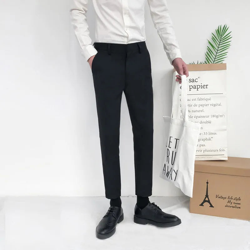 Men's slim straight-leg cotton trousers with drawstring waist in black, grey, or khaki colours