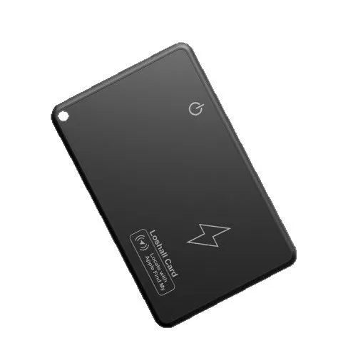 MFI Findmy AirTag anti-lost card tracker in black, shown next to a set of keys highlighting its slim 84mm x 52mm size.
