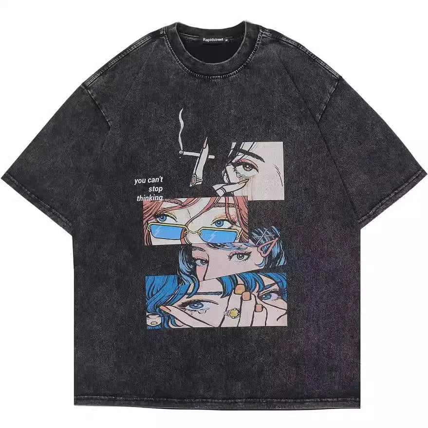 Men's loose fit cotton t-shirt with retro cartoon print design in streetwear style