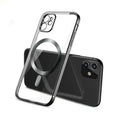 Electroplated magnetic suction mobile phone case for iPhone in silver, blue, black, gold and purple colours.