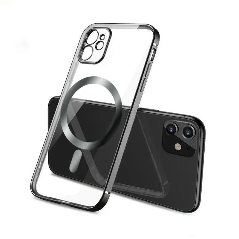 Electroplated magnetic suction mobile phone case for iPhone in silver, blue, black, gold and purple colours.