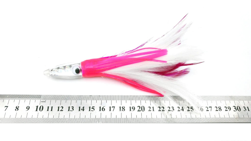 Acrylic sea fishing lure with resin fish head, feathered dress, and octopus headband, 14cm 32g