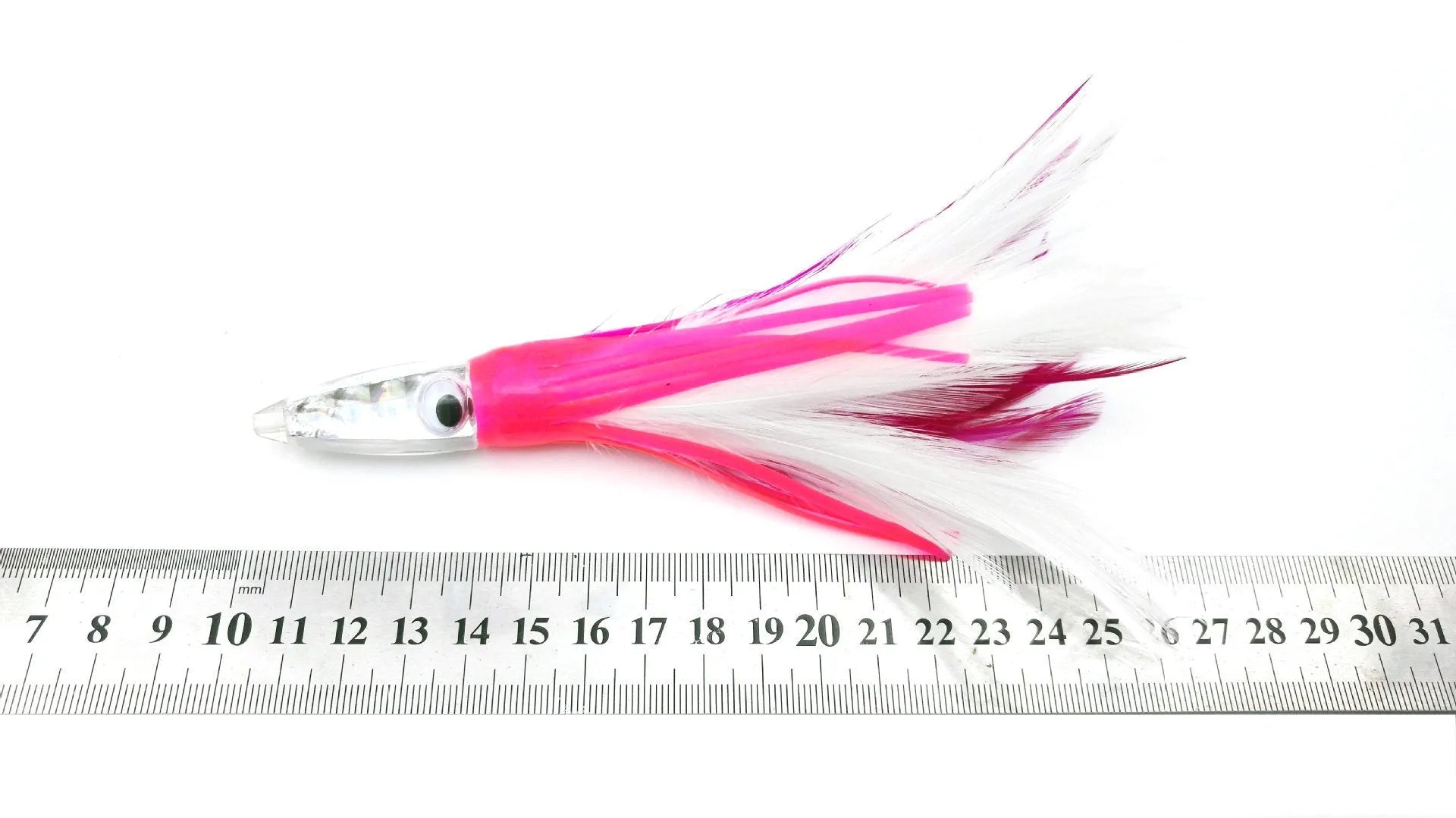 Acrylic sea fishing lure with resin fish head, feathered dress, and octopus headband, 14cm 32g
